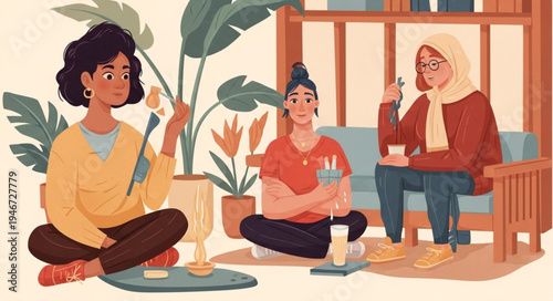 Three diverse women friends enjoying a casual indoor gathering together.