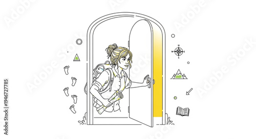 Woman standing in an arched doorway with floral headpiece.