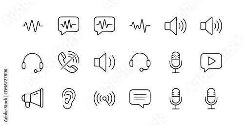 A set of minimalist line art icons representing various audio and communication symbols