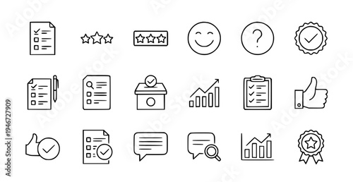 A set of line art icons representing business and communication concepts