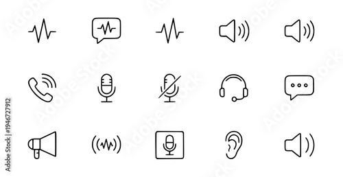 A set of minimalist line art icons representing various audio and communication symbols