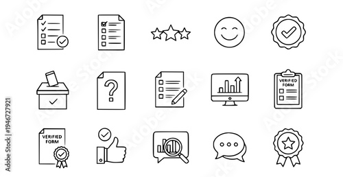 A set of flat line art icons representing verification and validation concepts