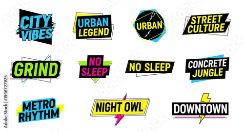 Urban themed word art collection with phrases like City Vibes, Urban Legend, Street Culture, Grind, No Sleep, Concrete Jungle, Metro Rhythm, Night Owl, and Down