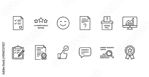 A set of vector icons representing customer feedback and survey concepts