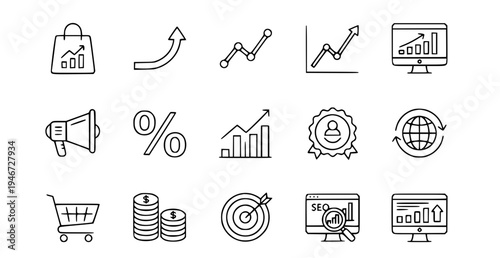 A set of business and finance icons in a minimal line art style