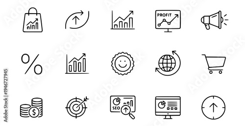 A set of black line art business icons on a white background