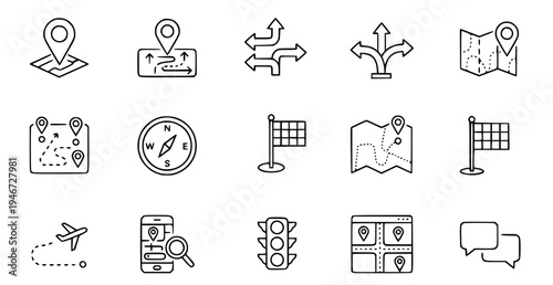 A set of navigation icons including maps, compasses, and traffic signs