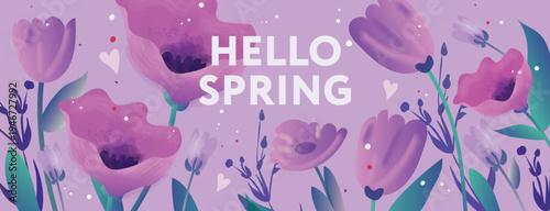 Hello Spring, horizontal web banner with tulips bloom on lilac background, watercolor style vector illustration