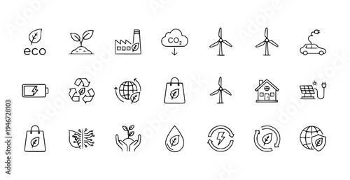 A set of eco-friendly icons representing sustainable living and environmental conservation