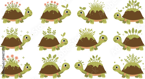 Cartoon Tortoises with Growing Plants on Their Shells in Cute and Nature-Inspired Design Illustration