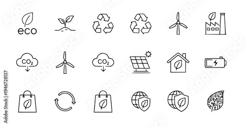 A set of eco-friendly icons representing sustainability and environmental conservation