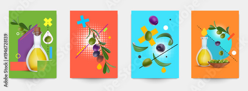 Collection templates cover, banner, poster, card with olive health product in modern fashion style. Art collage with colorful geometric and realistic 3d elements. Vector illustration