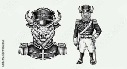 Anthropomorphic Bull in Military Uniform.