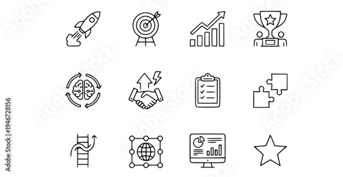 A set of business icons in a minimal line art style