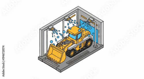 Yellow Construction Vehicle Being Washed in a Car Wash.