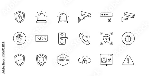A set of security icons including shields, alarms, cameras, and locks in a flat minimal design style