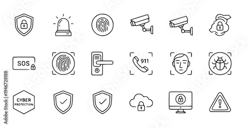 A set of line art icons representing various cybersecurity and protection concepts