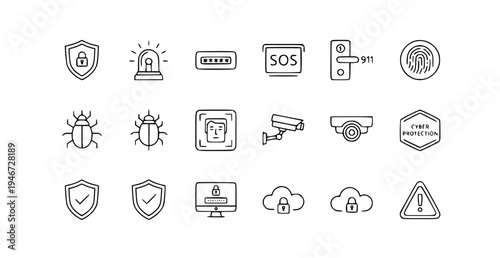 A set of cybersecurity icons in a minimalist line art style