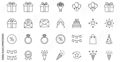 A collection of minimalist line art icons celebrating a birthday or anniversary