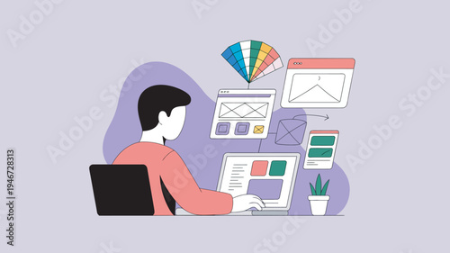 A graphic designer working on a computer with various design elements and color palettes surrounding them.