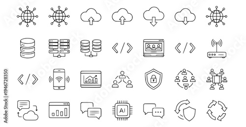 A collection of modern technology icons in a minimalist line art style