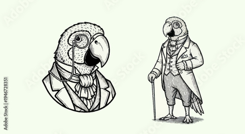 Elegant Parrot Dressed in Victorian Attire with Monocle and Cane.
