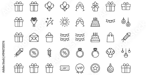 A collection of minimalist line art icons for celebrations and gifts