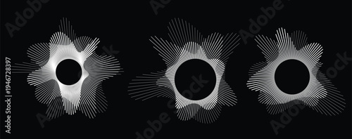 Abstract Radial Audio Waveform Spectrum Set, Circular Sound Equalizer Visualization with White Lines on Black Background