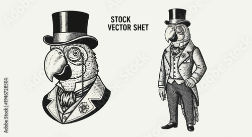 Elegant Parrot Dressed in Vintage Formal Attire.