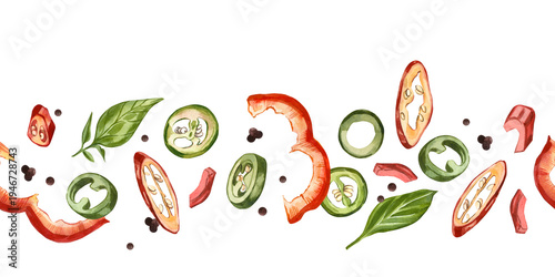 A seamless watercolor border of chili peppers with sliced hot jalapenos and red bell peppers. Hand-painted in watercolor, perfect for a menu background or culinary design element.