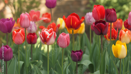 2. Colorful blooming tulip flowers in spring garden with vibrant petals and green leaves