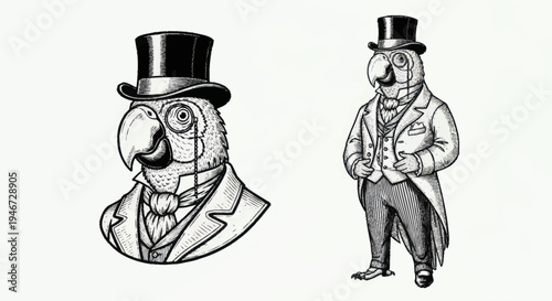 Elegant Parrot Dressed in Formal Victorian Attire.
