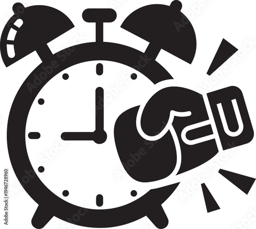 Alarm clock with boxing glove hitting it, time management concept, deadline pressure symbol, urgent task, morning wake up call, fast pace, punctuality, schedule, time is ticking symbol.