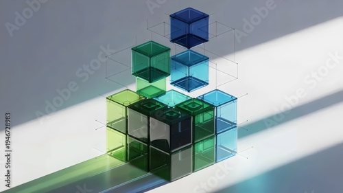 Tower of blue and green modular cubes – Ideal for sustainable growth, high-tech construction, or business scalability.