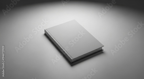 Blank light gray hardcover book lying on a gray surface with dramatic spotlight image