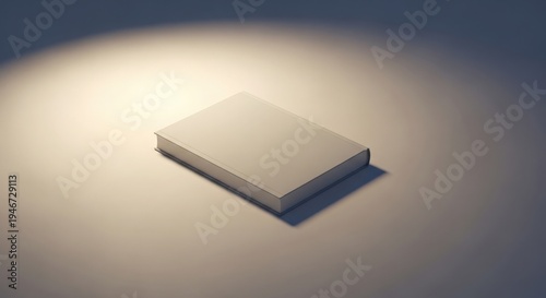 Blank light gray hardcover book with white pages lying on a light gray surface with dramatic spotlighting
