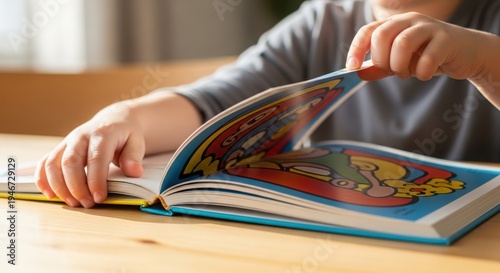 Child's hands turning pages of a colorful children's book with cartoon illustrations image