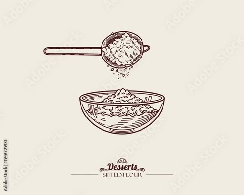 Small metal sieve sifts flour, powdered sugar, starch into glass bowl.  Line art Illustration, sketch style.