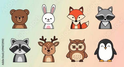 Collection of Cute Cartoon Forest and Arctic Animals.