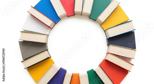 Circle of colorful hardcover books arranged on a white background ring arrangement