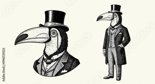 Elegant Toucan Dressed in Vintage Formal Attire.