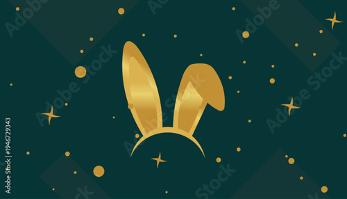 Elegant golden bunny ears headband with sparkling stars and dots on a dark teal background