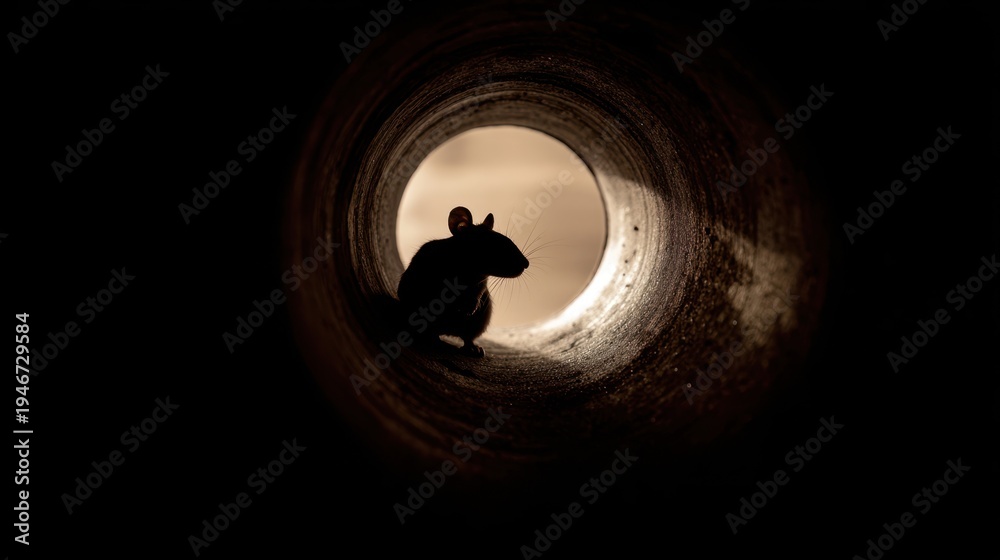 Fototapeta premium The Mouse Silhouette Inside Dark Tunnel Pipe Looking Toward Distant Light