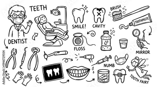 Set of Dentist doodles. hand drawn style. black and white line art drawing
