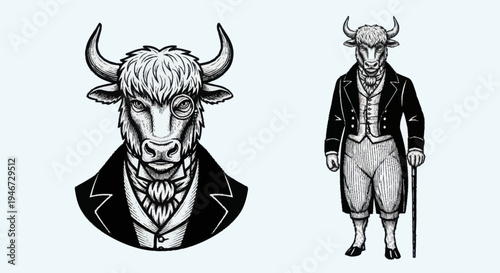 Anthropomorphic Bull Character in Formal Attire.