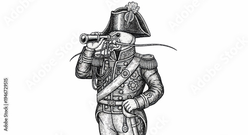 Skeleton General in Military Uniform with Sword and Telescope.