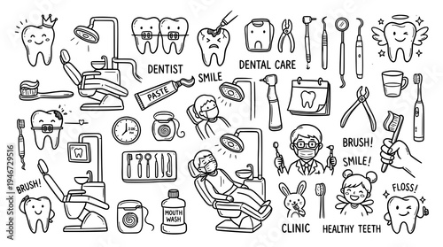 Set of Dentist doodles. hand drawn style. black and white line art drawing