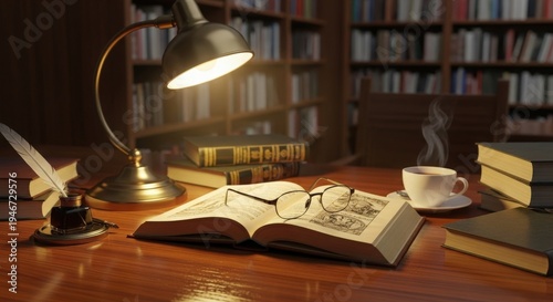 Open book with glasses inkwell and quill pen on wooden desk with steaming coffee cup and bookshelves background