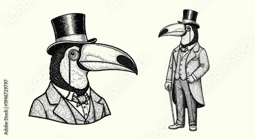 Dapper Toucan Birds Dressed in Formal Attire.