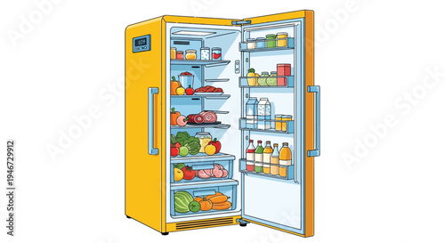Bright yellow retro fridge open with fresh fruits and vegetables vector illustration kitchen appliance